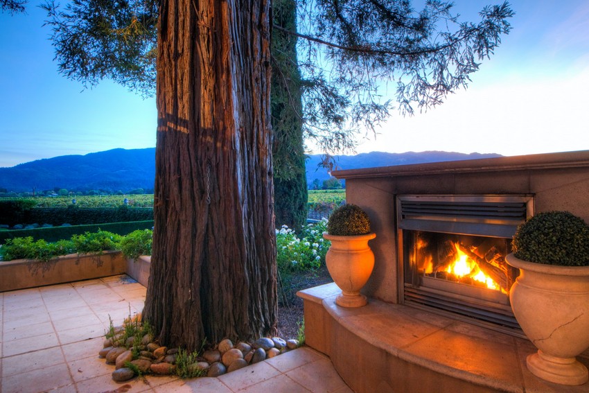fireplace by a gorgeous tree